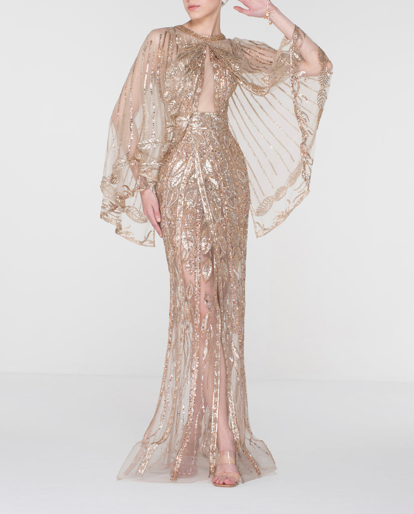 Rose Gold Foliage Embroidered Dress with Delicate Double Cape