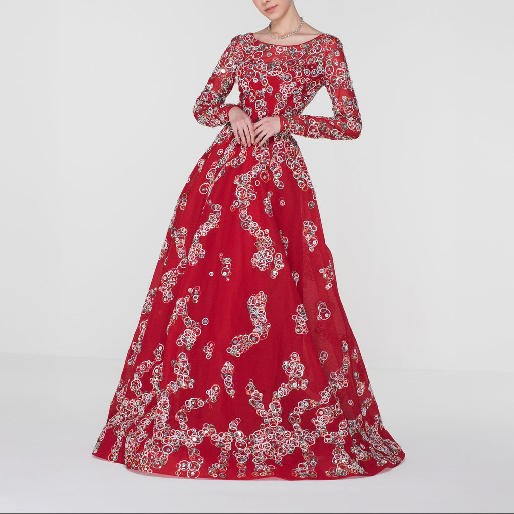 Ruby Red Organza Dress with Layered Full Sleeves and Multi-Colored Embroidery