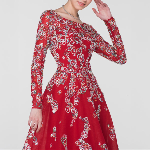 Ruby Red Organza Dress with Layered Full Sleeves and Multi-Colored Embroidery