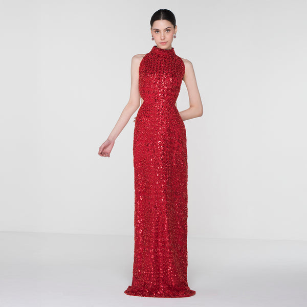 Ruby Red Fitted Long Dress with Crocodile Pattern Embellishments Backless with Cape