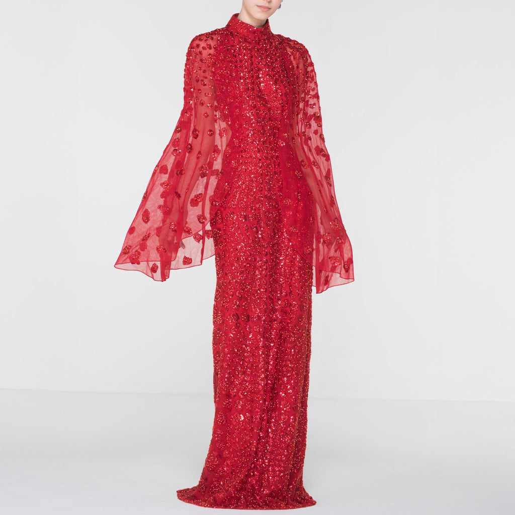 Ruby Red Fitted Long Dress with Crocodile Pattern Embellishments Backless with Cape