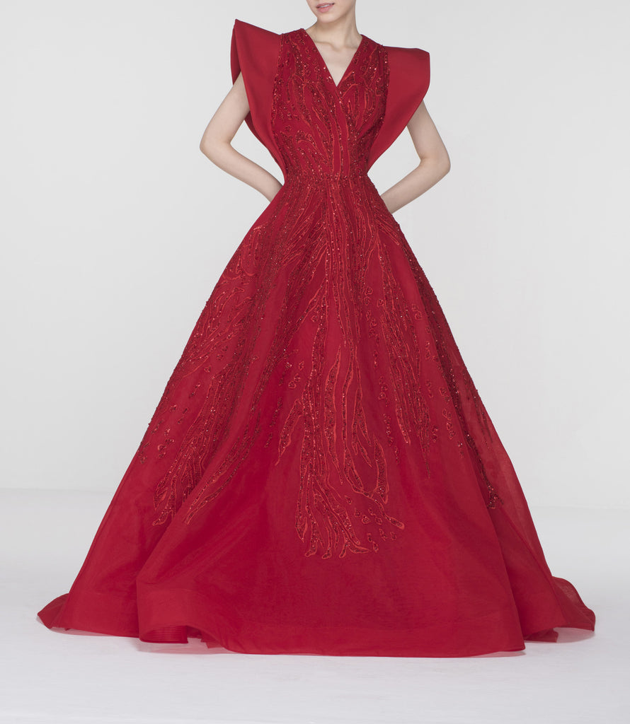 Rubin Red A-Line Dress With Embroidery