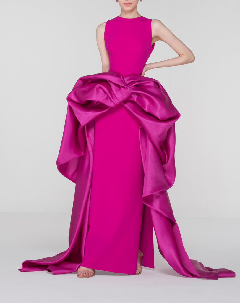 Elegant Fuchsia Flow Dress with Sculpted Flower on the Waist