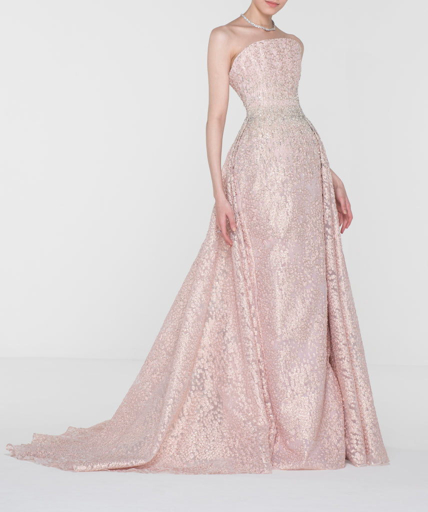 Pink Embellished Organza Jacquard Dress With Dramatic Train