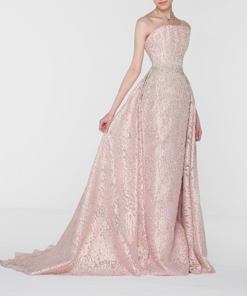 Pink Embellished Organza Jacquard Dress With Dramatic Train