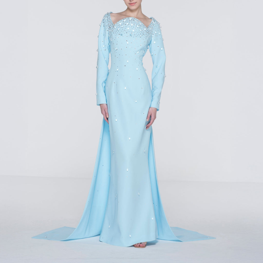 Light Blue Fully Embroidered Crepe Dress With Full Sleeves