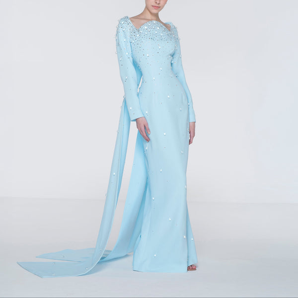 Light Blue Fully Embroidered Crepe Dress With Full Sleeves