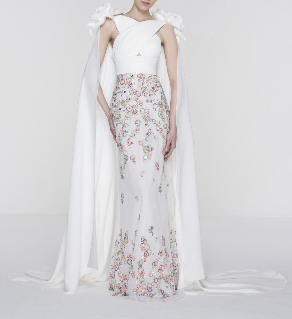 White Draping Crepe Dress with Statement Flower Bombs and Beaded Tulle Skirt