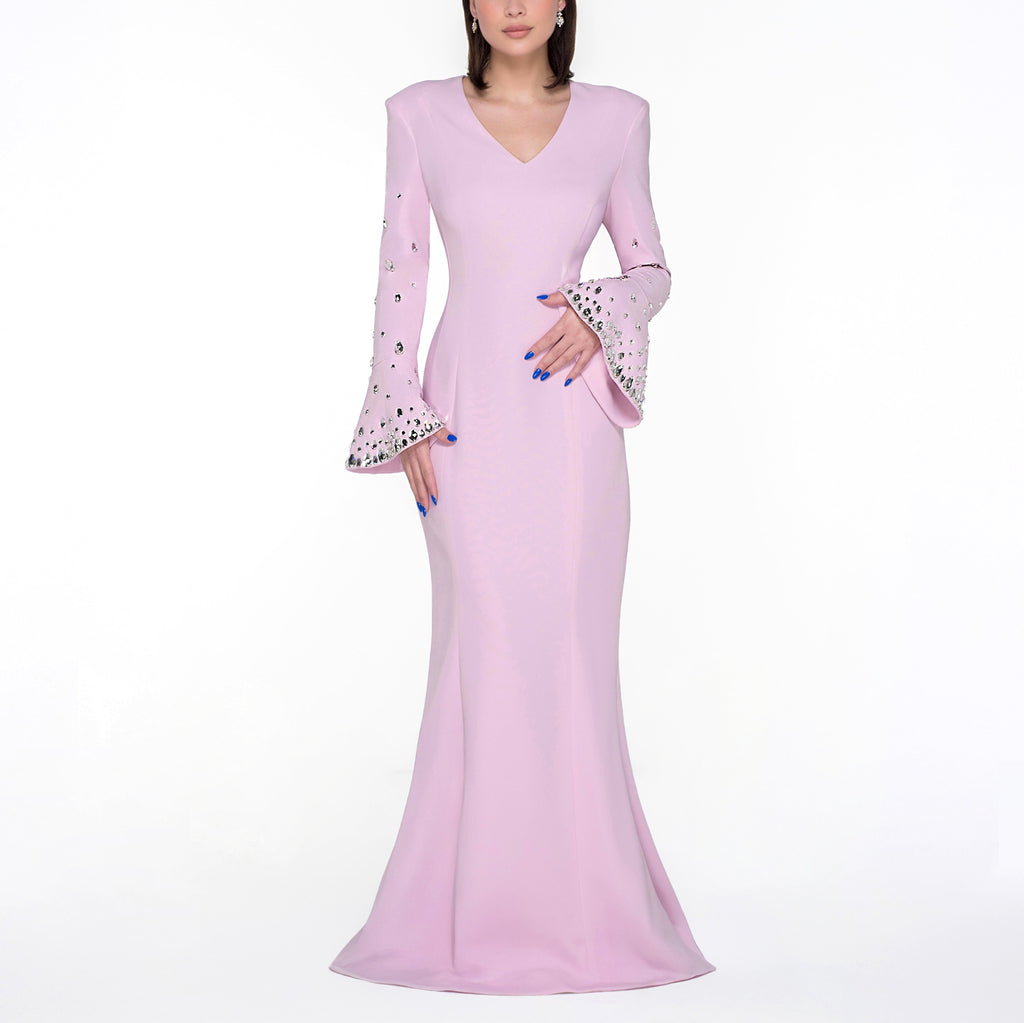 Pastel Pink Crepe With Bell Embroidered Sleeves