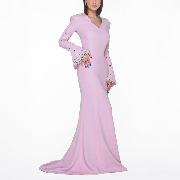 Pastel Pink Crepe With Bell Embroidered Sleeves