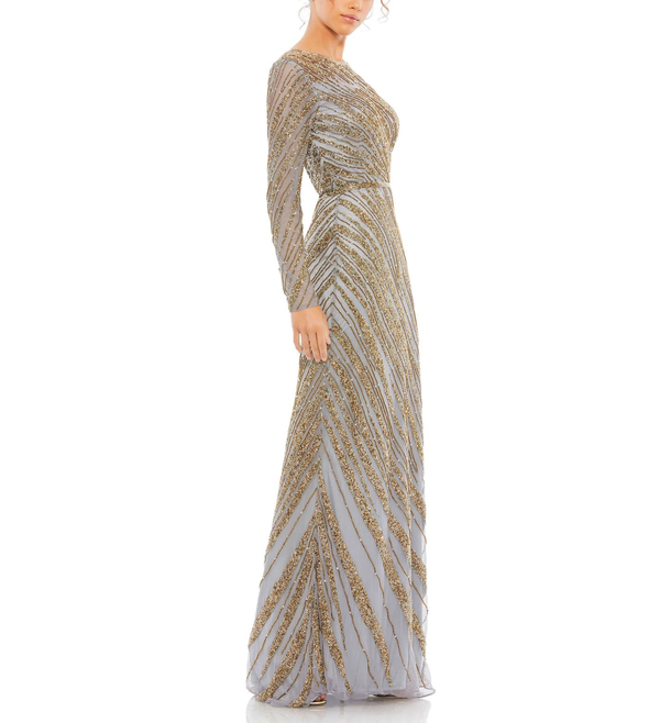 Long Sleeve Beaded Column Gown