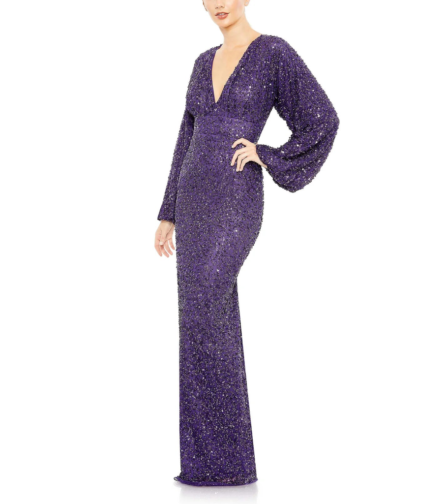 Puff Sleeve V-Neck Sequined Gown