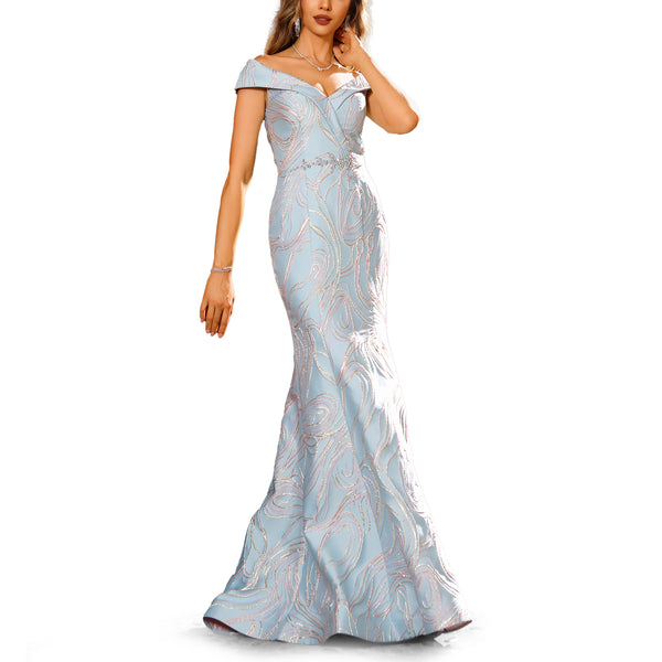 Blue Off-Shoulder Jacquard Trumpet Gown