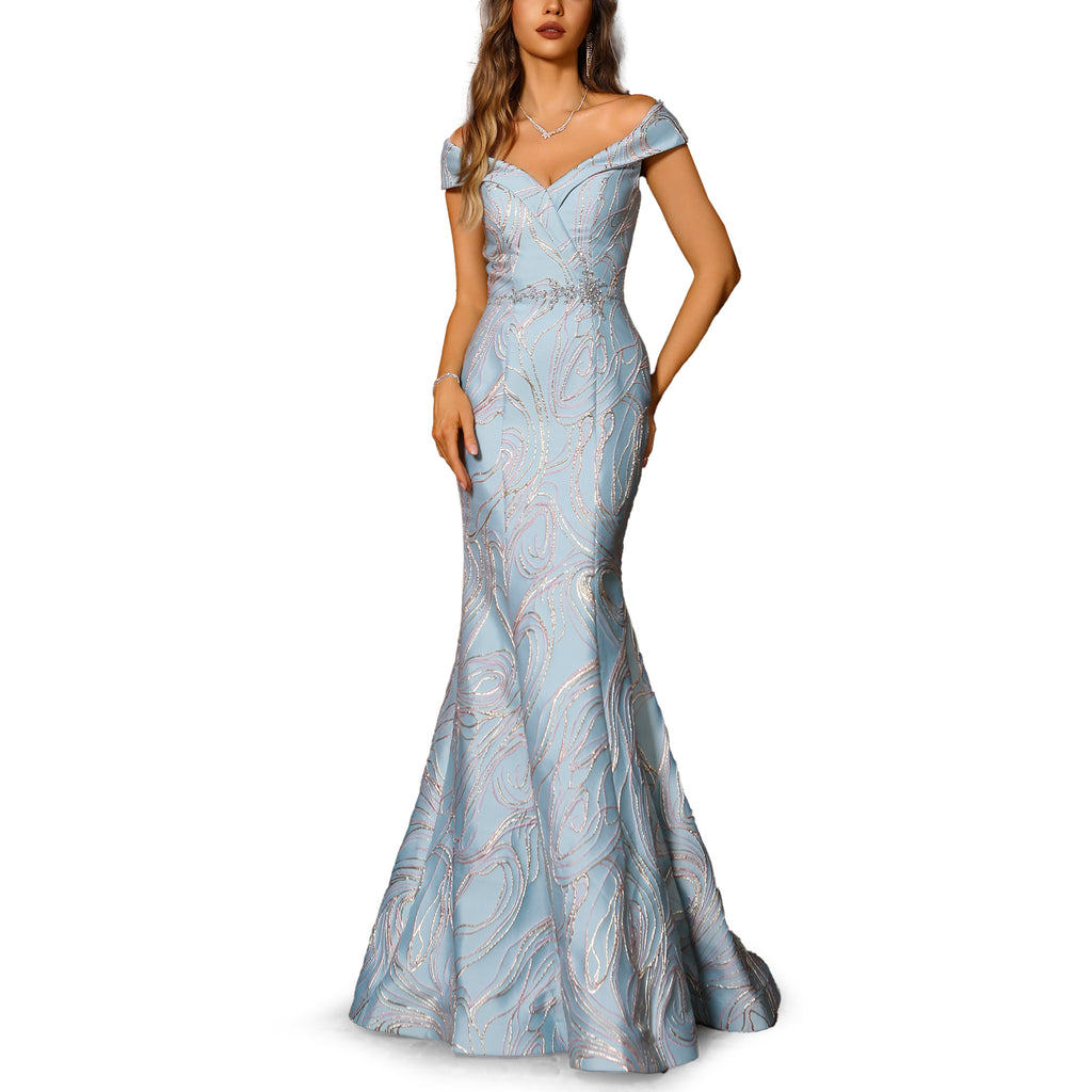 Blue Off-Shoulder Jacquard Trumpet Gown