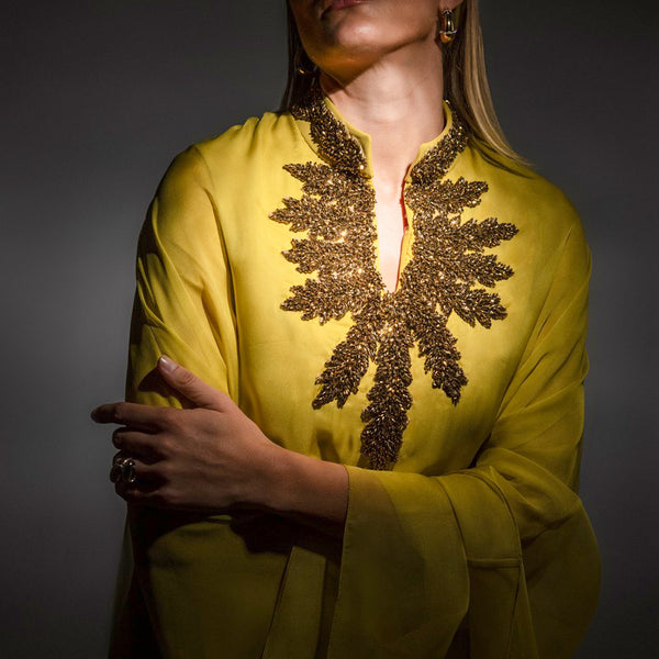 Golden olive Kaftan with embroidered neckline