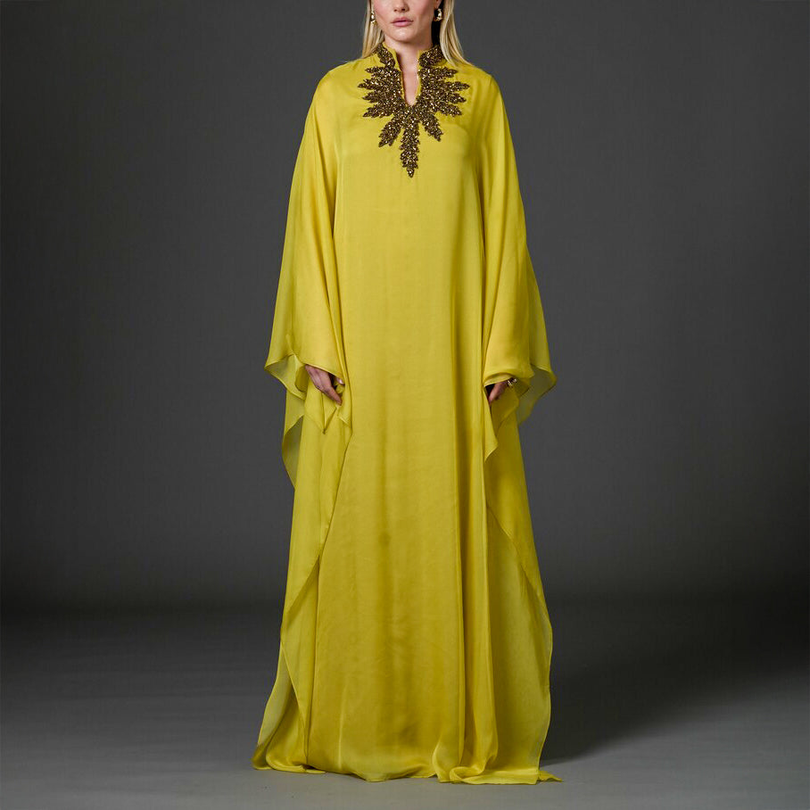 Golden olive Kaftan with embroidered neckline